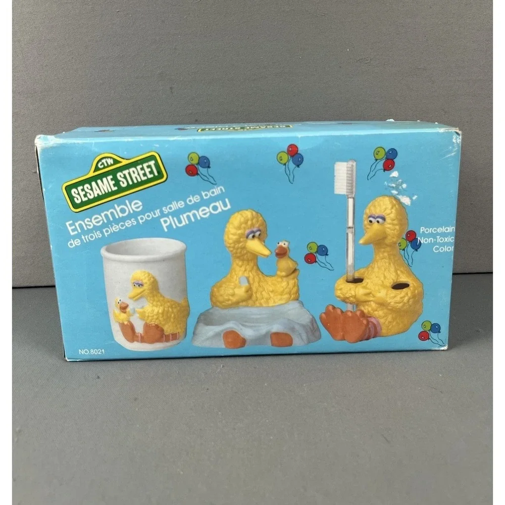 Sesame Street Big Bird‎ Ceramic Soap Dish Toothbrush Holder And Cup Set Of 3 New